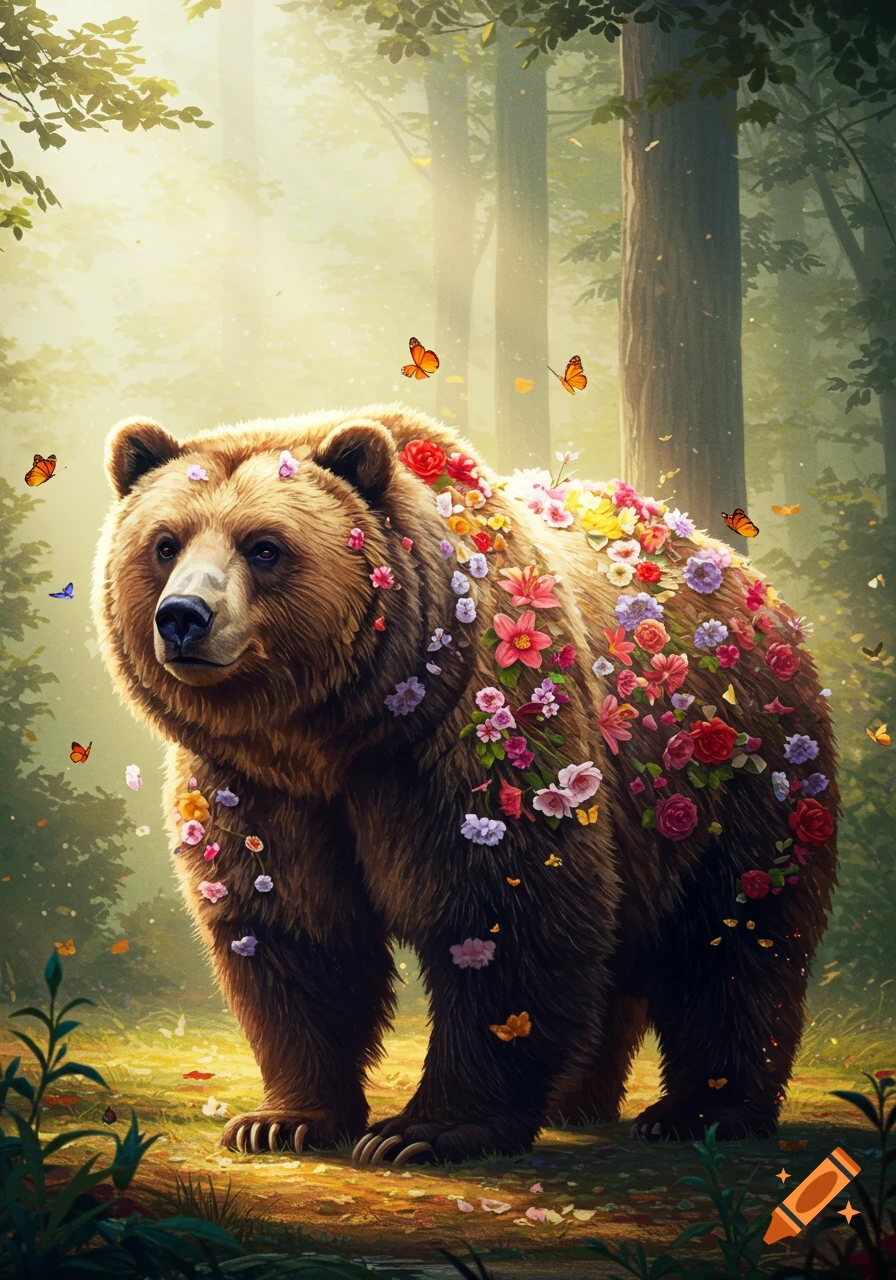 A detailed bear covered in colorful flowers stands in a sunlit forest with butterflies.