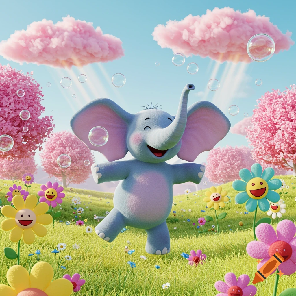 A happy, stylized blue elephant dancing in a vibrant green field with pink trees, pink clouds, bubbles, and colorful smiley-face flowers.