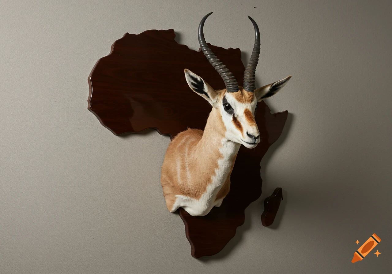 A photorealistic springbok shoulder mount with large spiraled horns mounted on a dark wood plaque shaped like the continent of Africa, set against a grey wall.