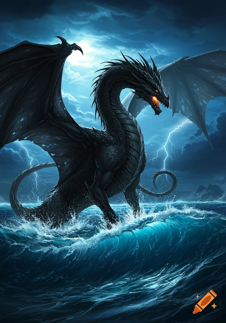 A powerful black dragon with glowing eyes stands in a stormy, dark blue ocean under a lightning-filled sky, fantasy art style.