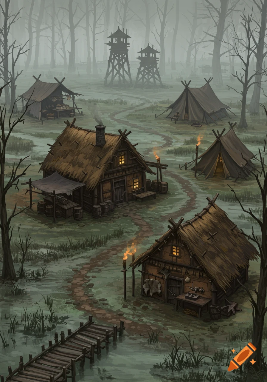 A stylized illustration of a medieval village in a dreary, misty swamp, featuring thatched-roof houses, tents, and wooden watchtowers.