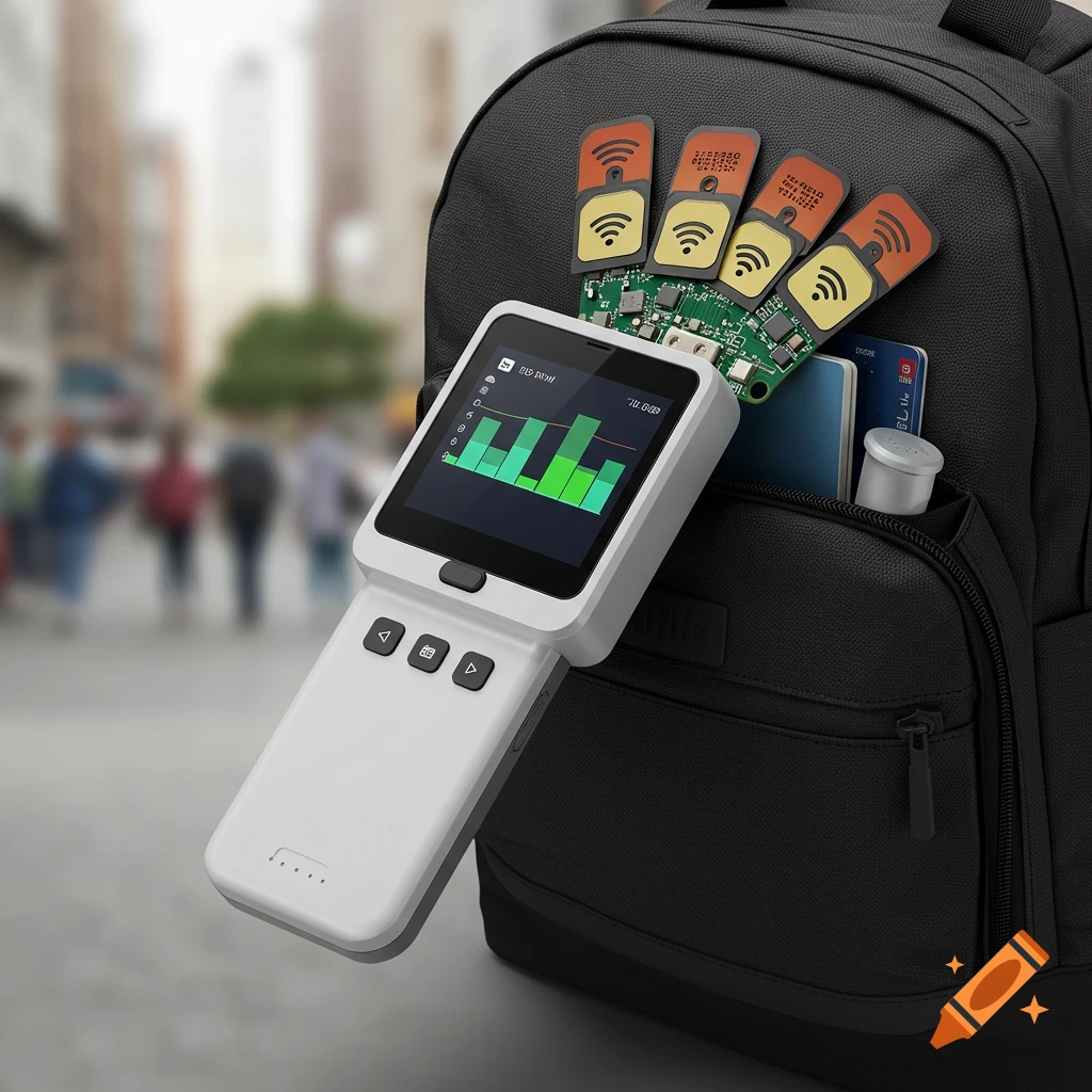 A white handheld device with a screen showing a green bar graph and "RED DATA" sticks out of a black backpack's side pocket, alongside several RFID tags and other items, in a blurred urban setting.