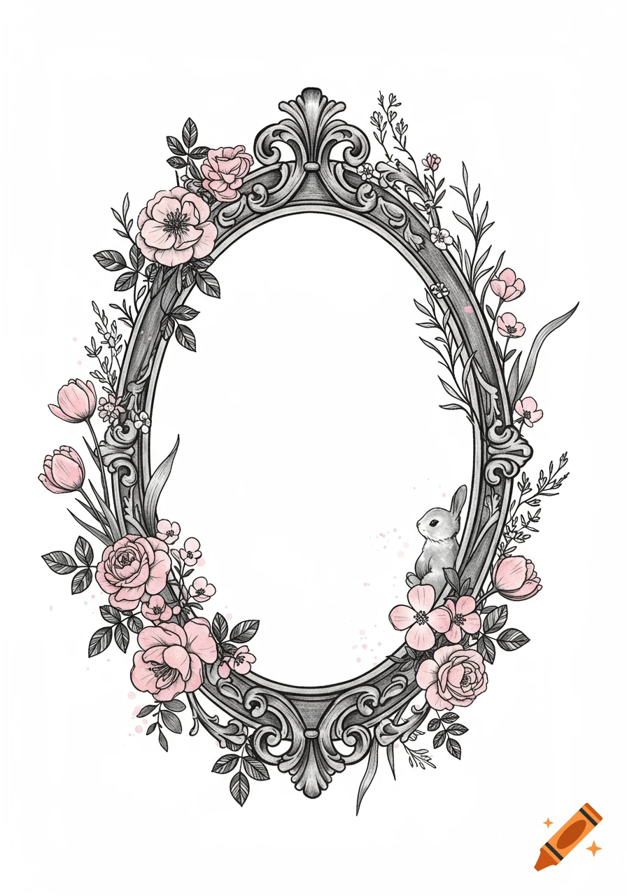 An ornate oval vintage frame with delicate pink flowers, green vines, and a small bunny on a white background.