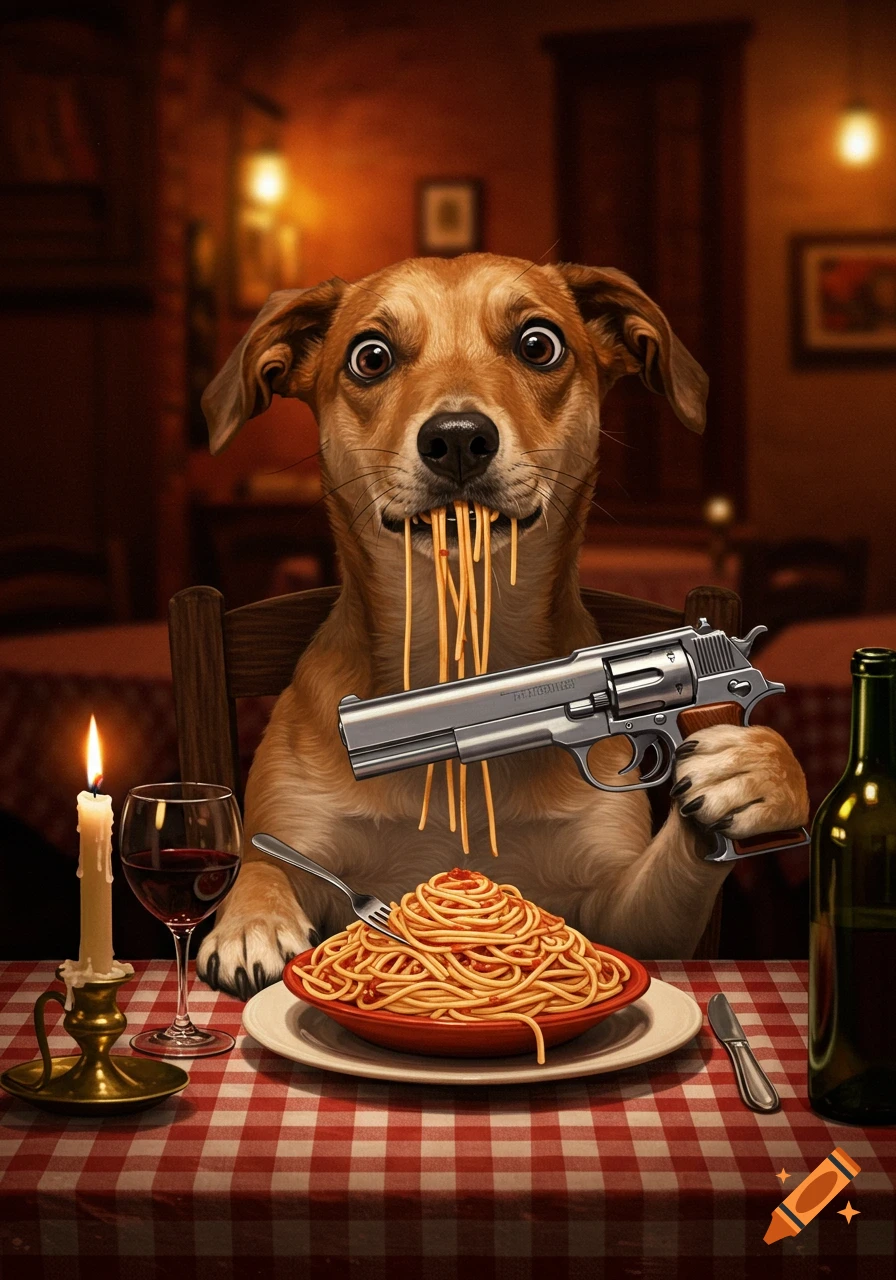 A humorous photorealistic image of a dog with wide eyes sitting at a table in a restaurant, eating spaghetti, while holding a large silver revolver. A candle, wine glass, and red-checkered tablecloth complete the scene.