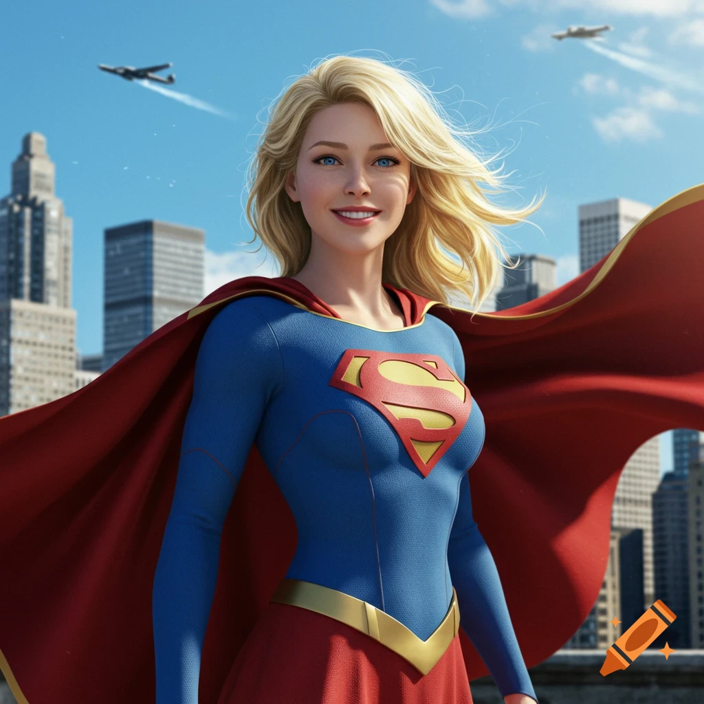 Photorealistic depiction of Supergirl with blonde hair, blue eyes, in her blue and red suit with the 'S' shield, standing on a rooftop with a city skyline and airplanes in the background.