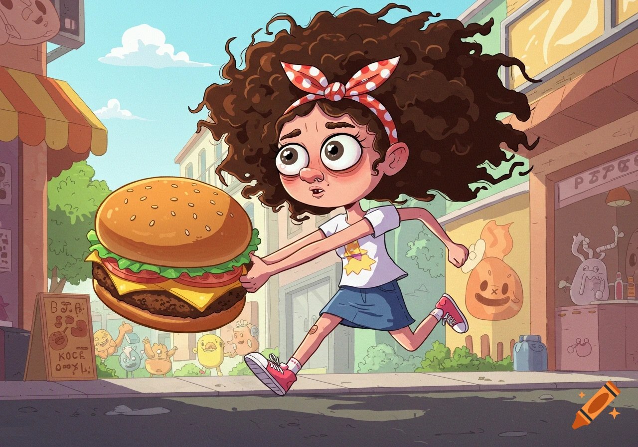 A cartoon girl with curly brown hair and a red polka-dot headband runs excitedly down a city street, clutching a giant burger.