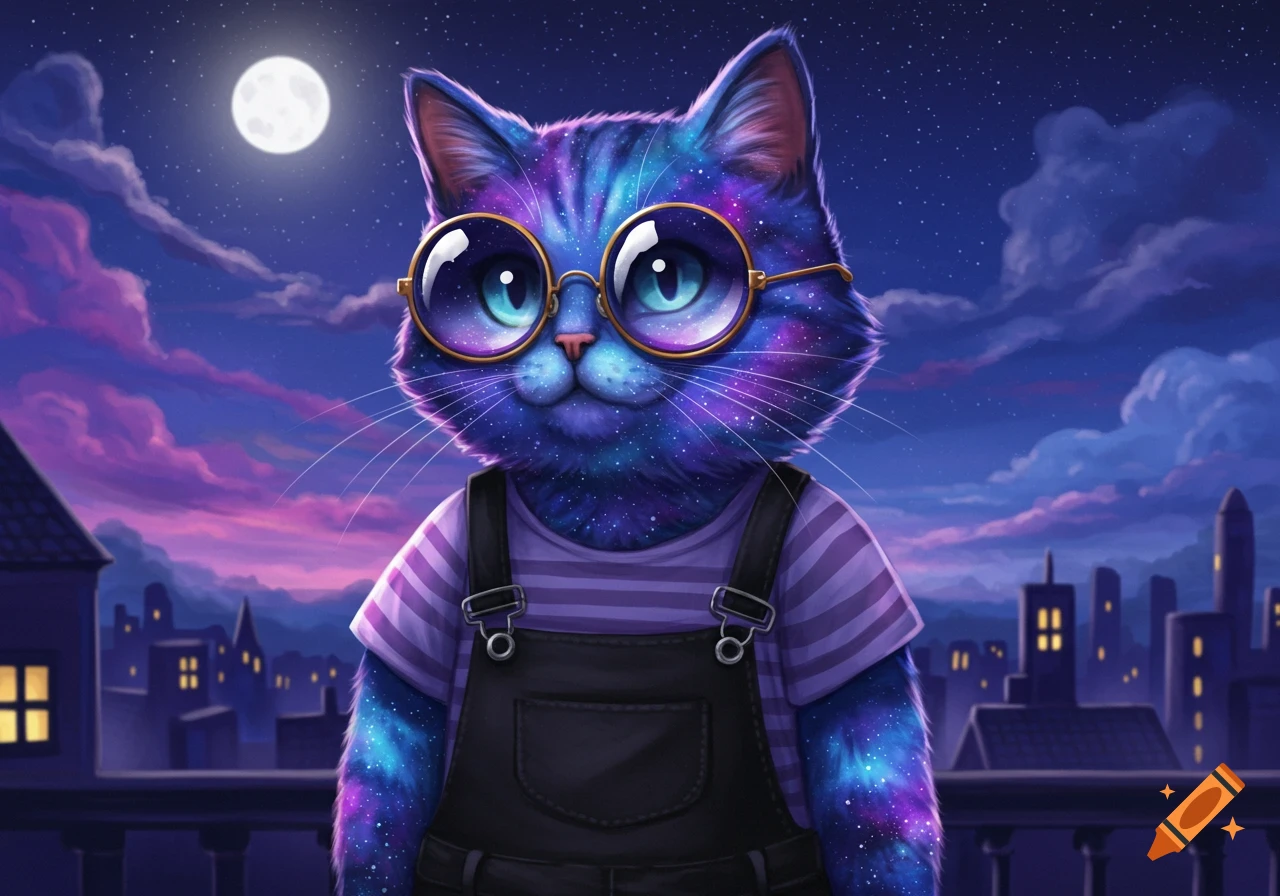 A cute galaxy cat with blue eyes, round glasses, and overalls stands on a rooftop at night under a full moon, with a city skyline behind it.
