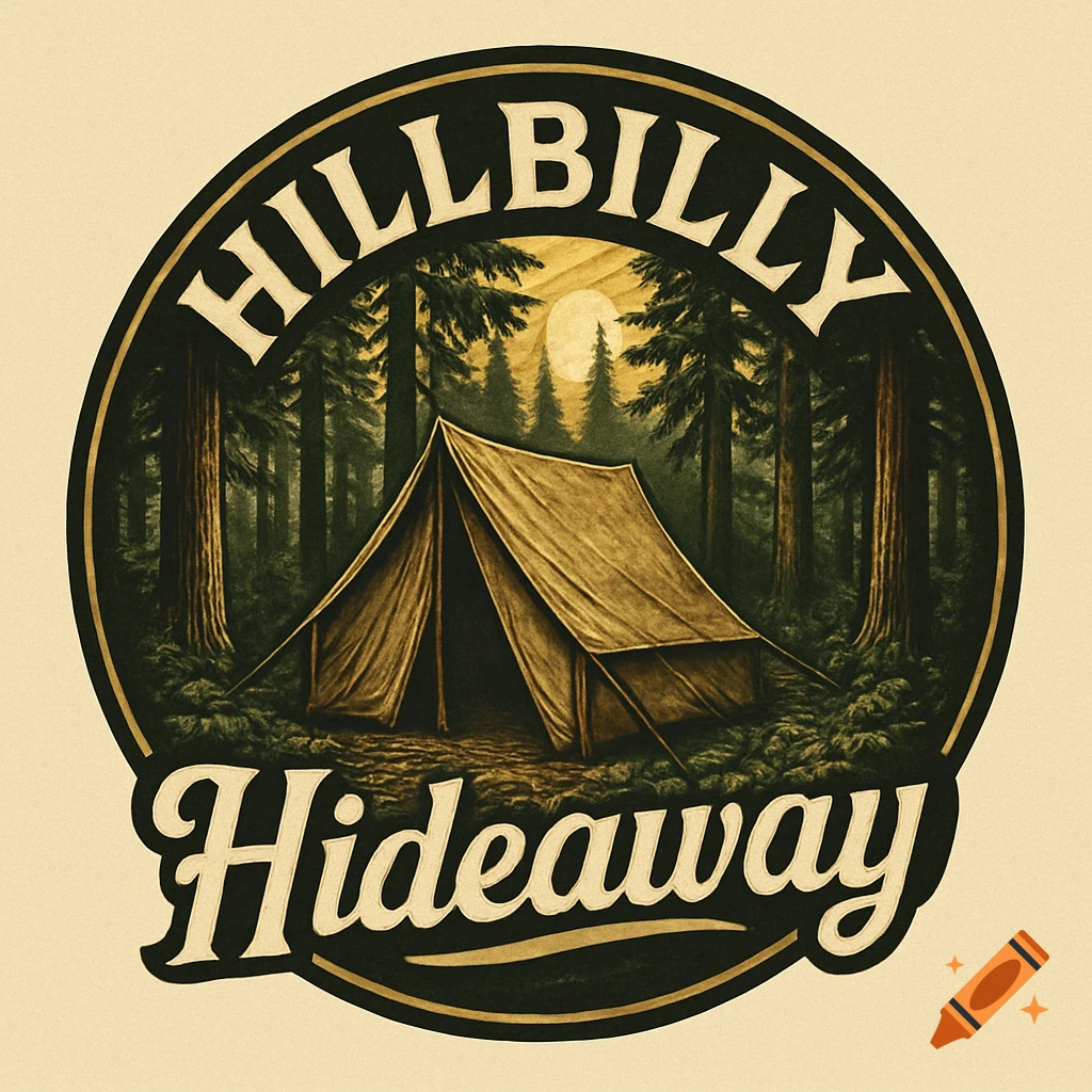 Circular logo with 'HILLBILLY' at the top and 'Hideaway' at the bottom, framing a tent in a dark forest with a moon.