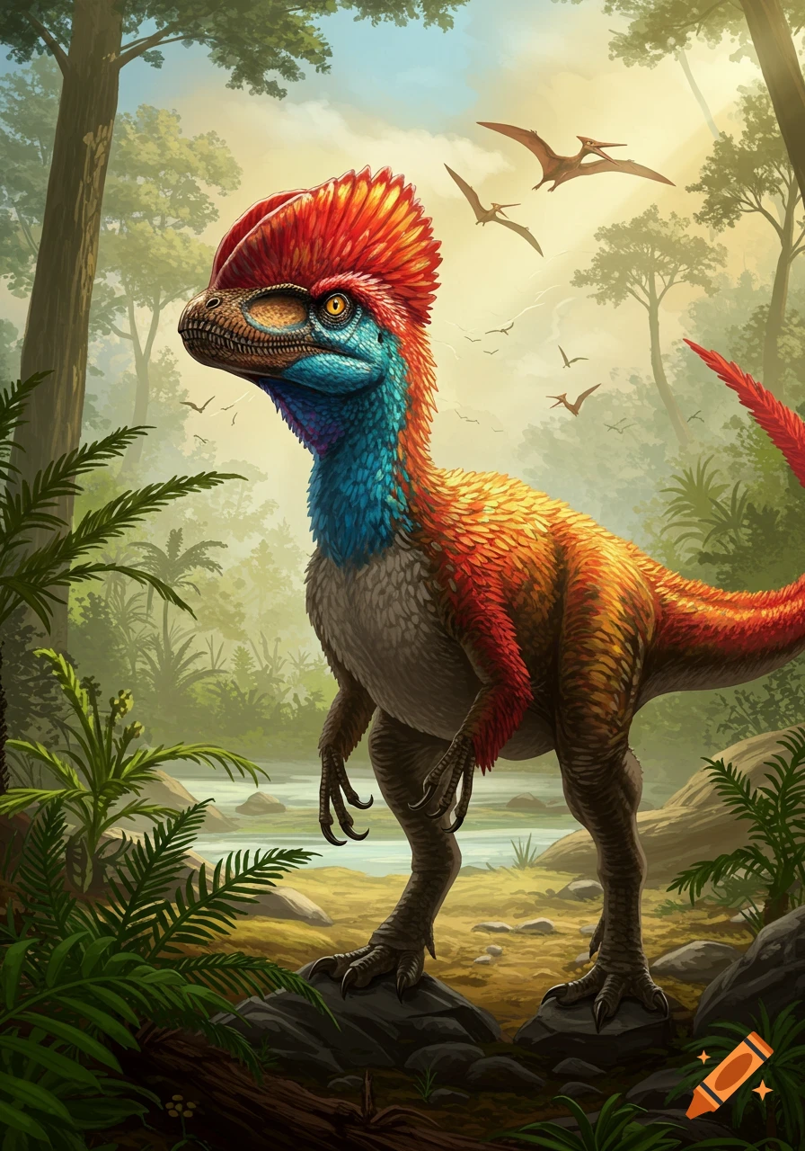 A vibrant, feathered dilophosaurus with a red crest stands in a lush tropical jungle by a river, with pterosaurs flying in the background.
