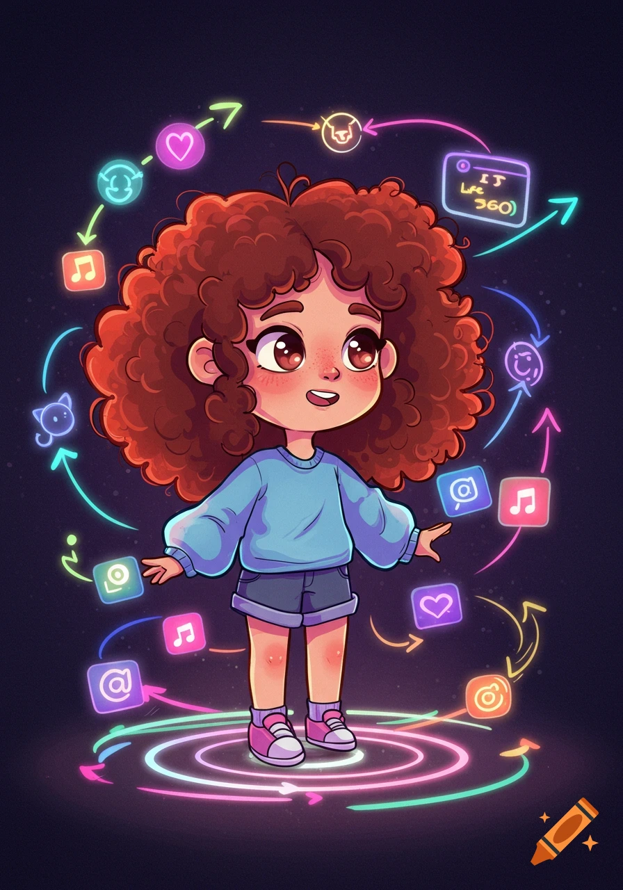 A cute cartoon girl with curly red hair stands amidst glowing social media icons and swirling neon lines against a dark background.