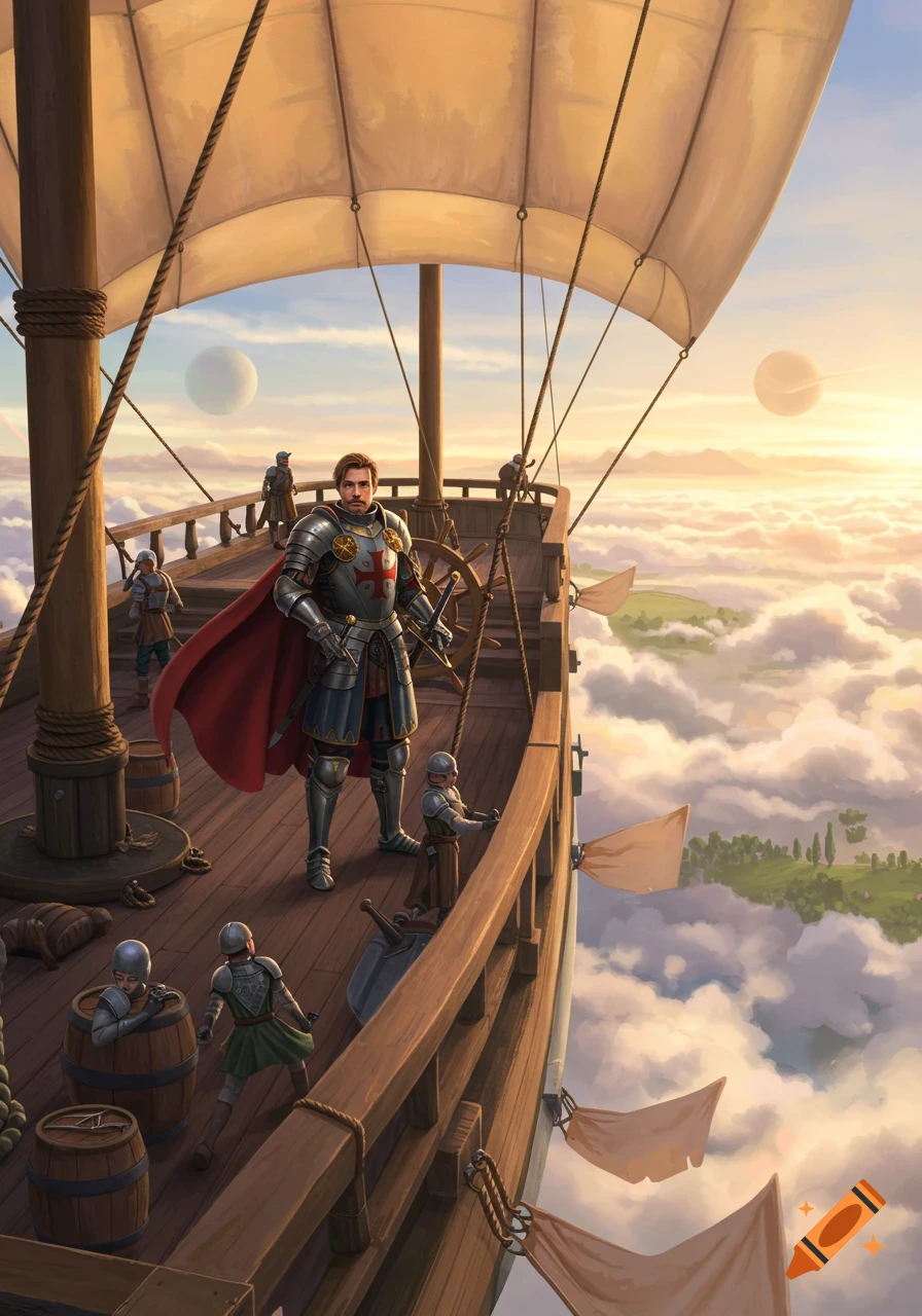 A medieval knight in shining armor stands on a large wooden airship, flying above clouds and green landscapes under a golden sky with two celestial bodies.
