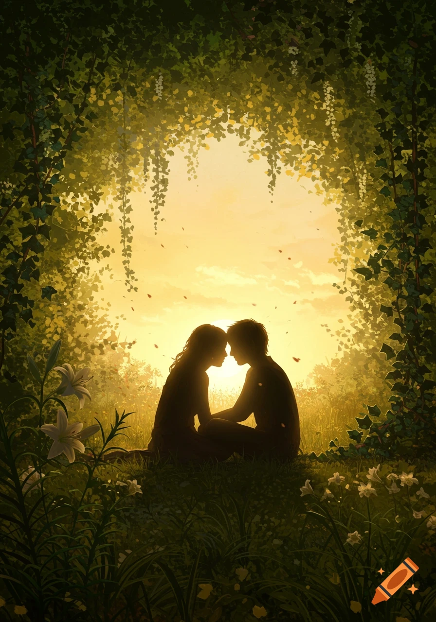 Illustrated silhouettes of a couple sitting in a lush green clearing under a vine archway, bathed in warm sunset light with flowers.