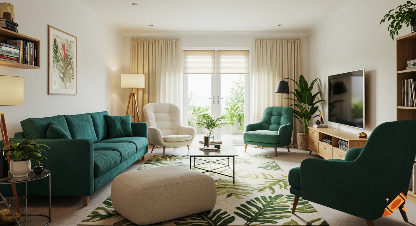 A modern living room with a teal sofa, cream and green armchairs, a coffee table, and a rug with green leaf patterns.