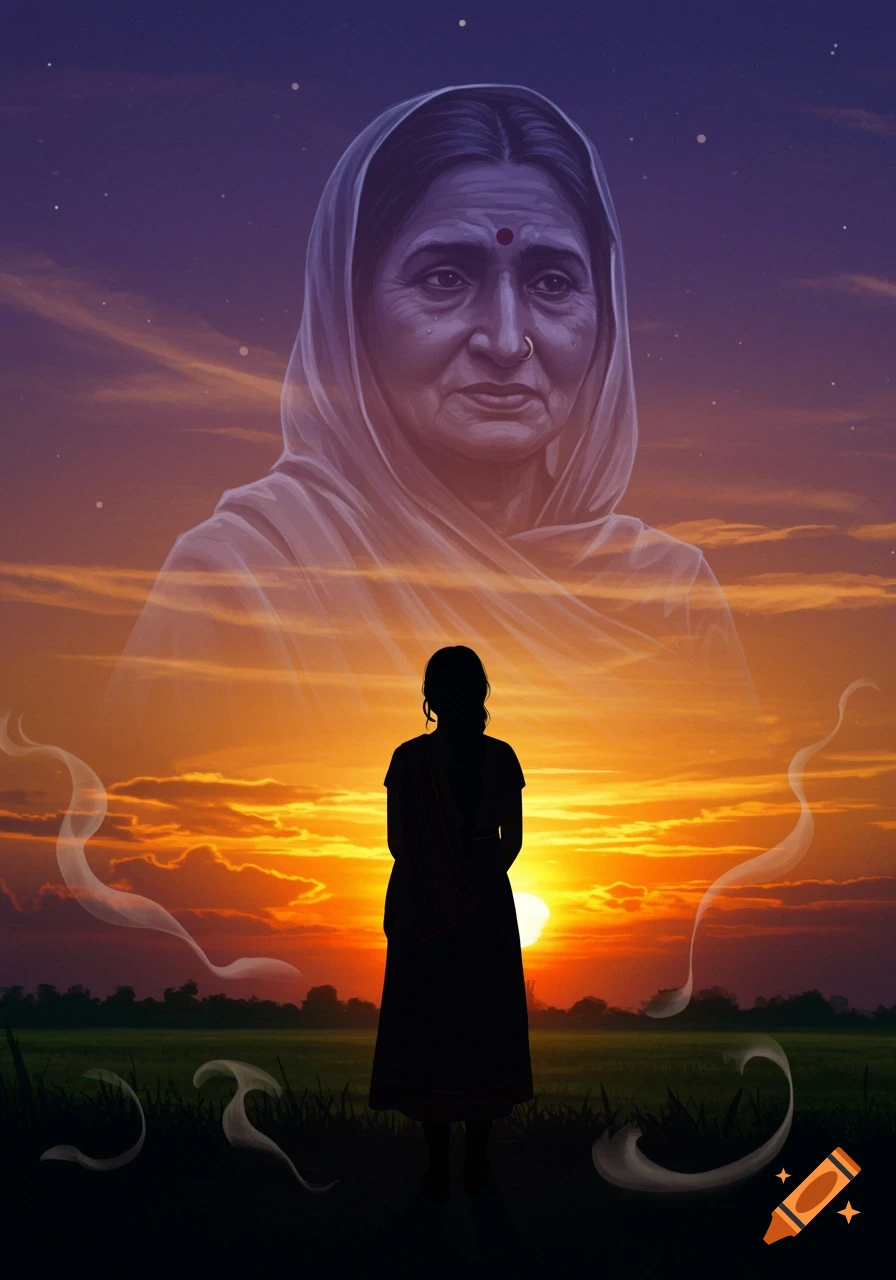 A woman's silhouette stands in a field at sunset, with a ghostly South Asian woman looking down from the sky, evoking a spiritual and surreal atmosphere.