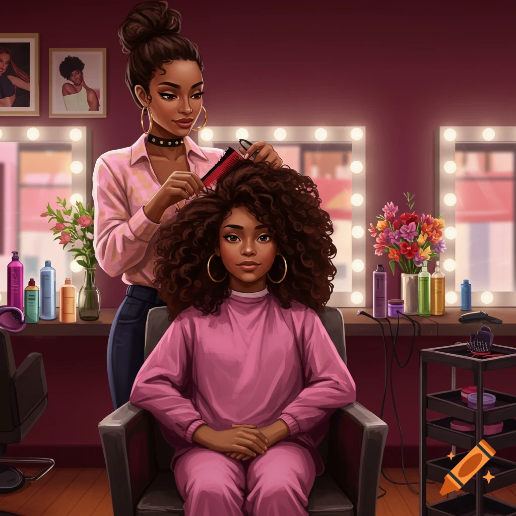 An illustration of a Black woman styling the curly hair of another Black woman in a hair salon.