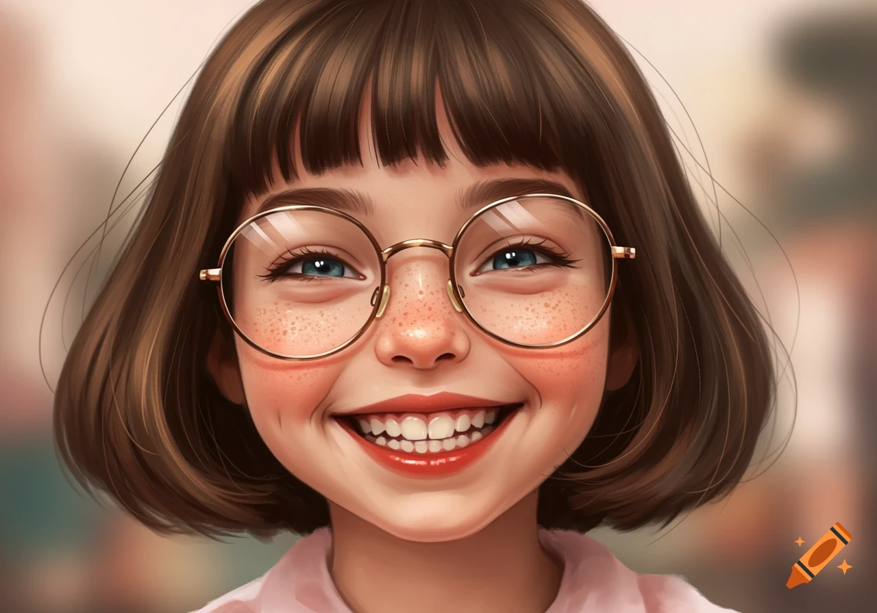A close-up illustration of a smiling girl with short brown hair, glasses, and freckles.
