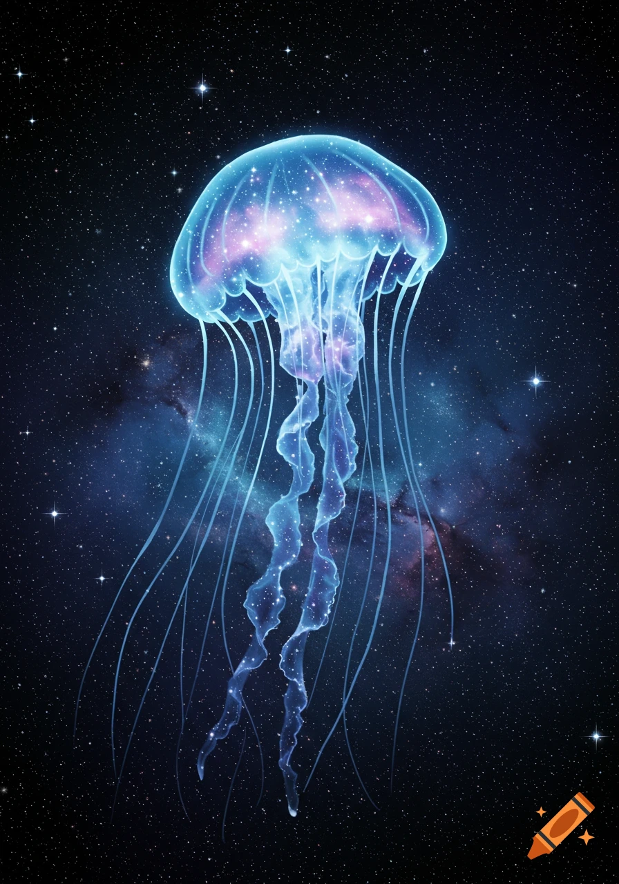 A glowing, translucent blue and purple jellyfish, filled with stars and cosmic dust, floats in a dark starry space with nebulae.