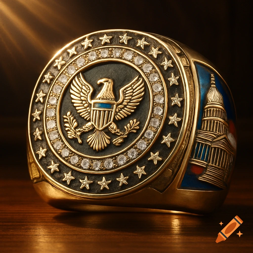 A detailed golden championship ring featuring a gold eagle emblem, stars, diamonds, and an enamel Capitol building.