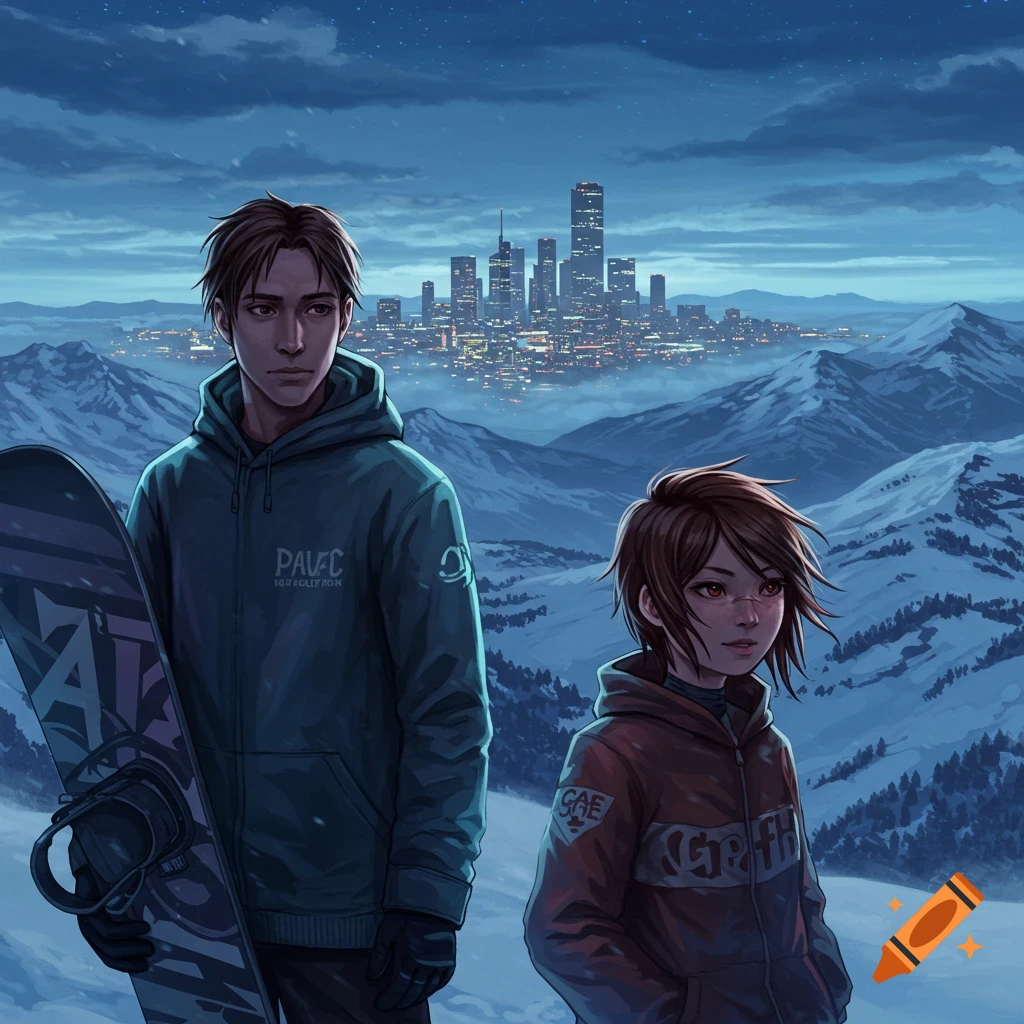 An anime man holding a snowboard and a short-haired person stand on a snowy mountain overlooking a city skyline at dusk.