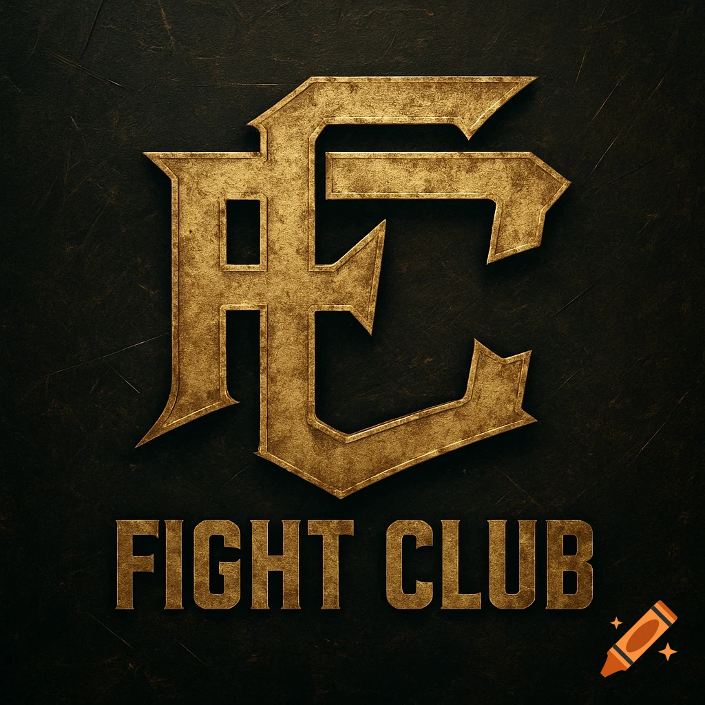 A gold, textured FC logo with the words FIGHT CLUB below it, set against a dark textured background.