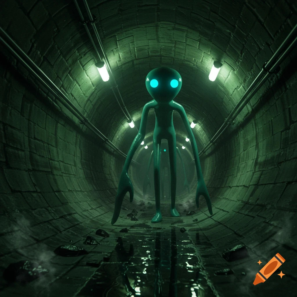 A green, slender alien creature with glowing blue eyes stands in a dark, grimy sewer tunnel with pipes and dim lights.