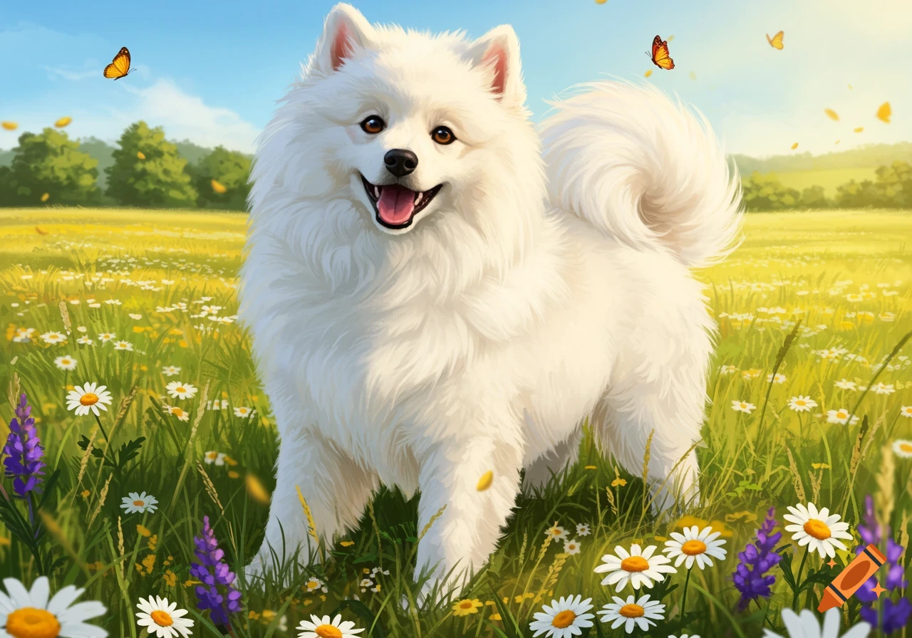 A fluffy white dog stands smiling in a sunny field of daisies and purple flowers, with butterflies.