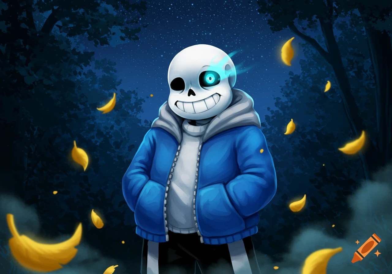 Smiling skeleton character Sans from Undertale in a blue jacket, with a glowing blue eye, in a dark forest at night with floating yellow bananas.