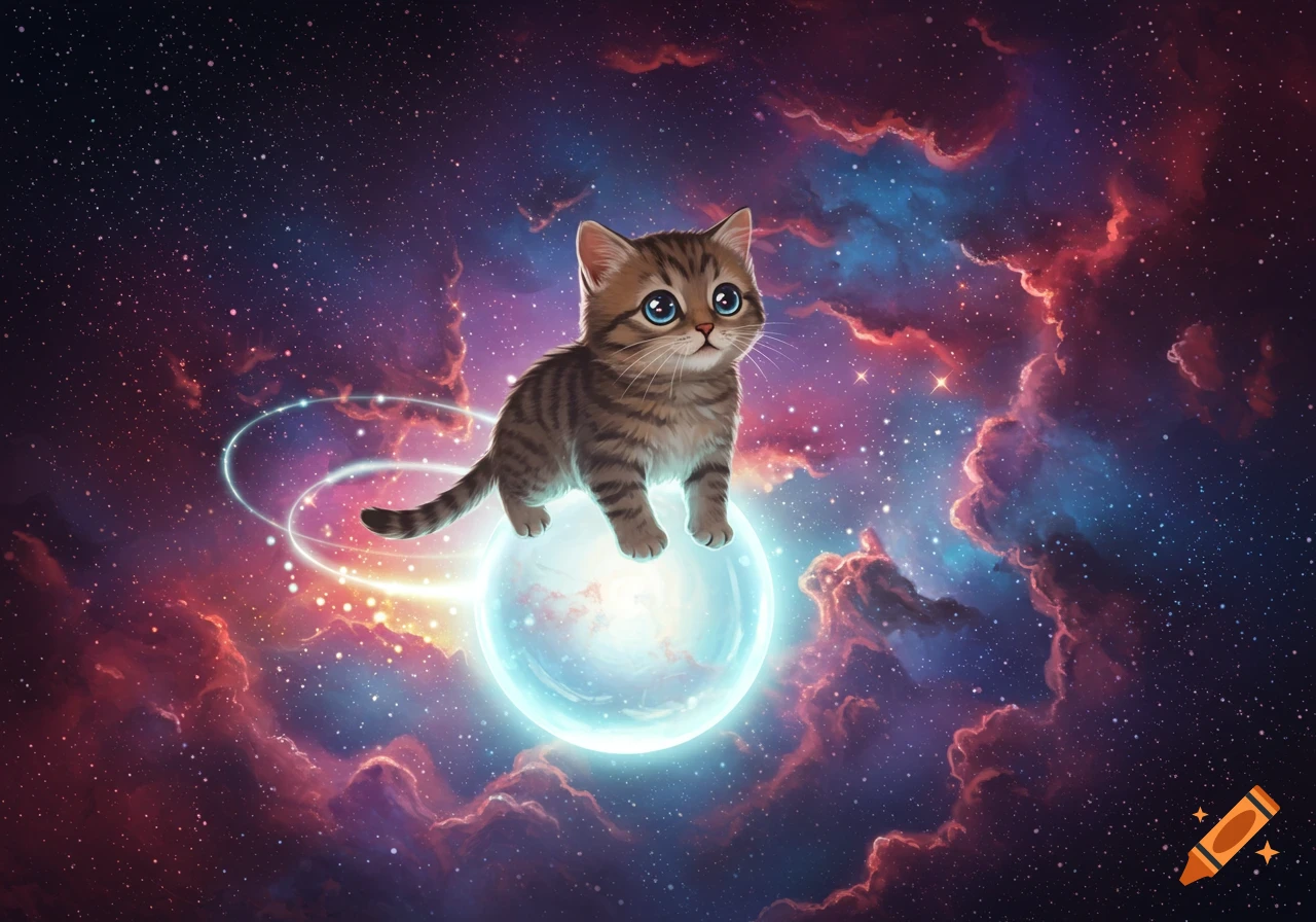 An adorable tabby kitten with big blue eyes sitting on a glowing blue orb, floating in a vibrant nebula-filled outer space.