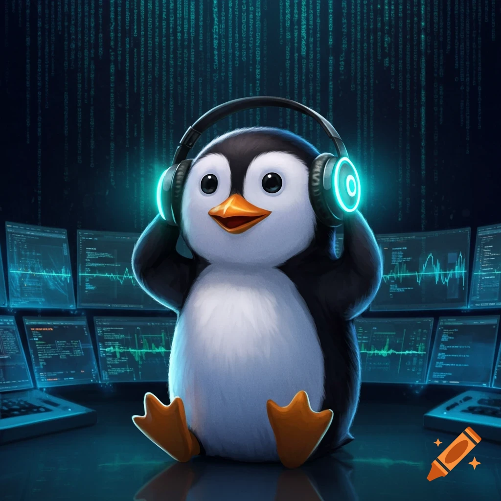 A cute cartoon penguin, Tux, wearing headphones with glowing earcups, sitting in front of multiple computer monitors displaying code and graphs in a dark, futuristic room with digital rain.