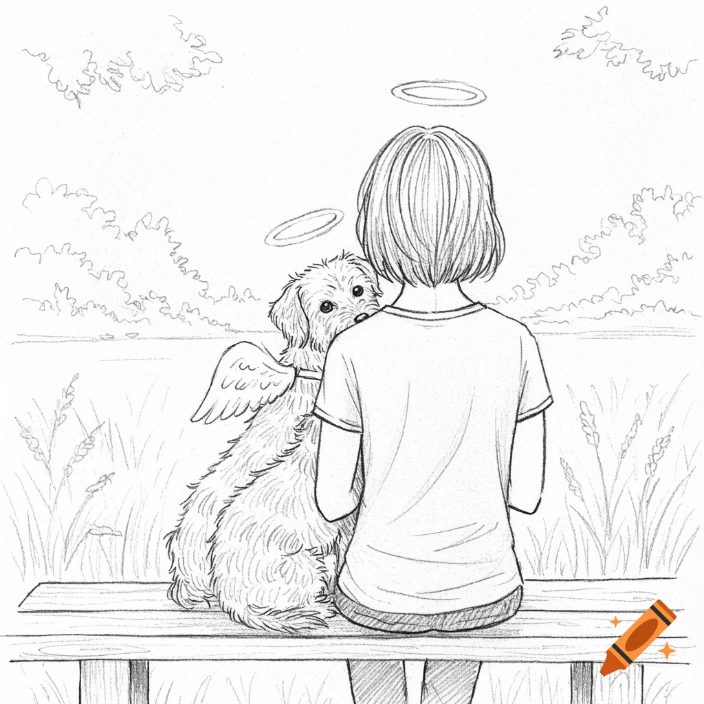 Pencil drawing of a person sitting on a bench with their back to the viewer, next to an angelic dog with wings and a halo.