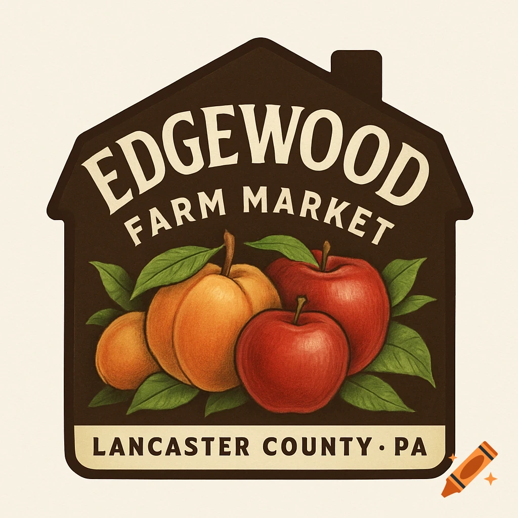 An illustrative logo for Edgewood Farm Market, shaped like a house, featuring peaches, red apples, and green leaves, with text 'Lancaster County PA'.