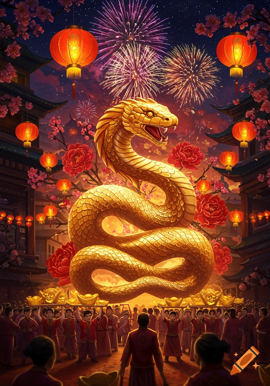 A majestic golden snake stands tall amidst a vibrant Chinese New Year celebration with fireworks, red lanterns, and blooming cherry blossoms, with a crowd of people below.