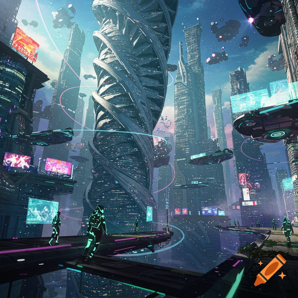 A vibrant, futuristic cityscape with towering spiral skyscrapers, flying vehicles, and glowing figures on elevated pathways under a blue sky.