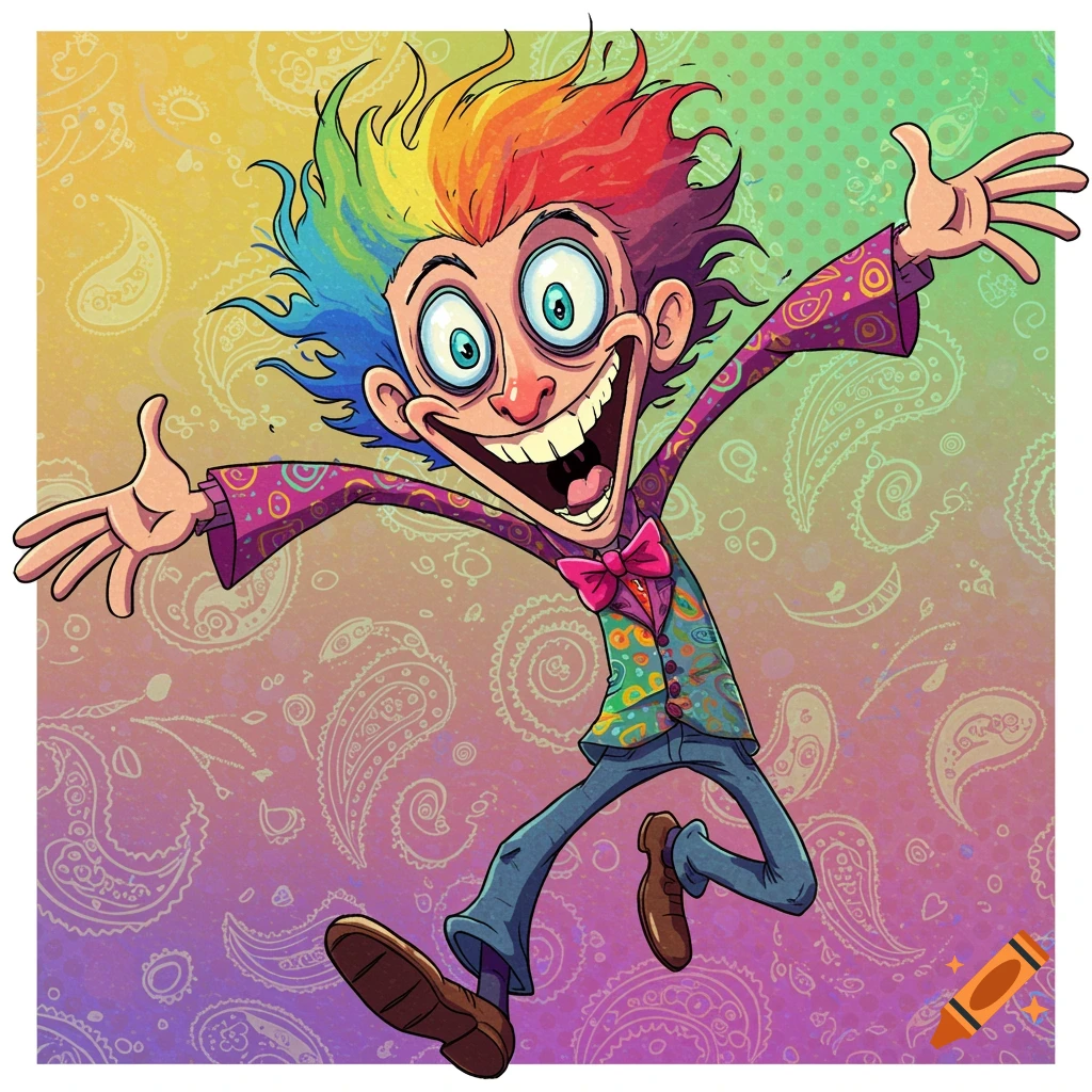 A crazy cartoon man with rainbow hair, wide eyes, and a big smile jumps with arms spread wide against a colorful paisley background.