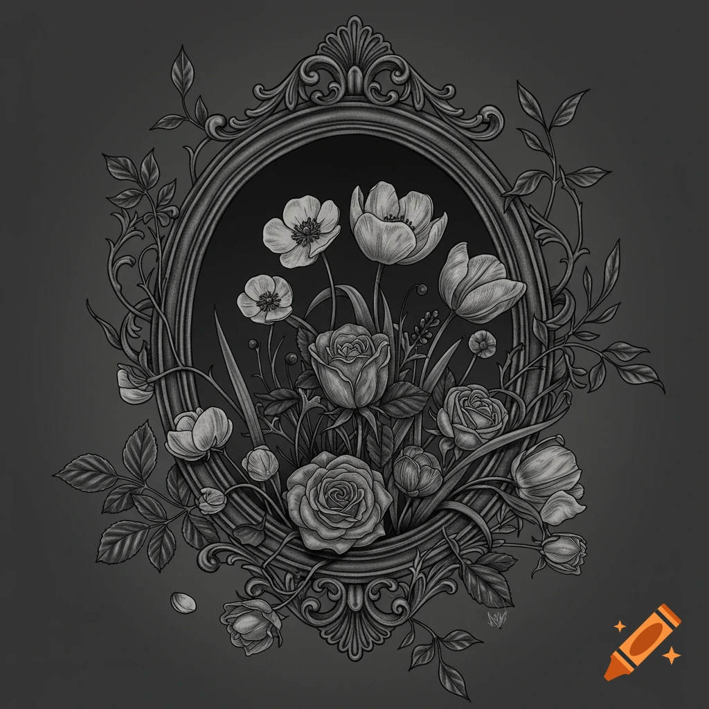 A black and white gothic illustration of a bouquet of roses, tulips, and buttercups arranged within an ornate oval frame.