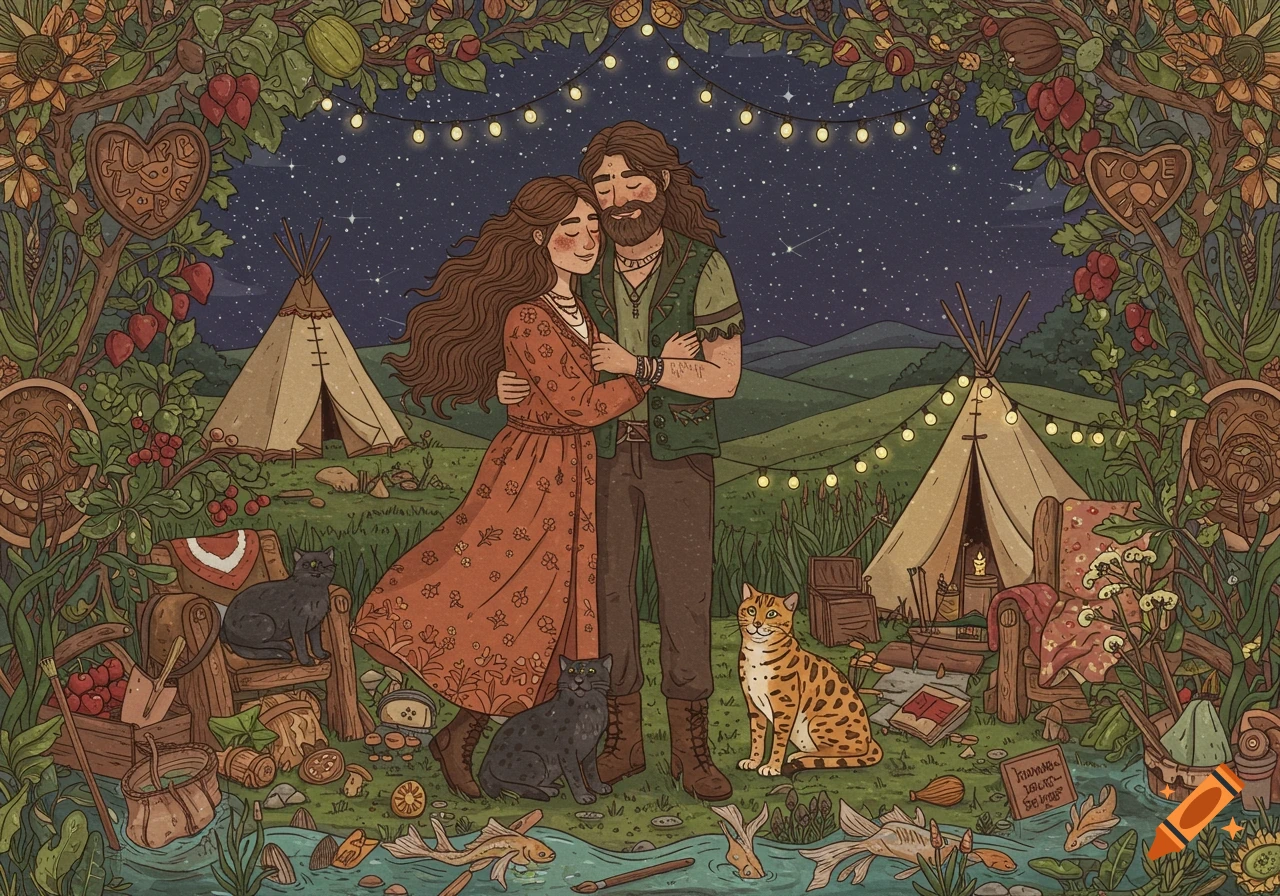 A whimsical illustration of a couple embracing outdoors at night with two cats and tents, surrounded by plants and string lights.