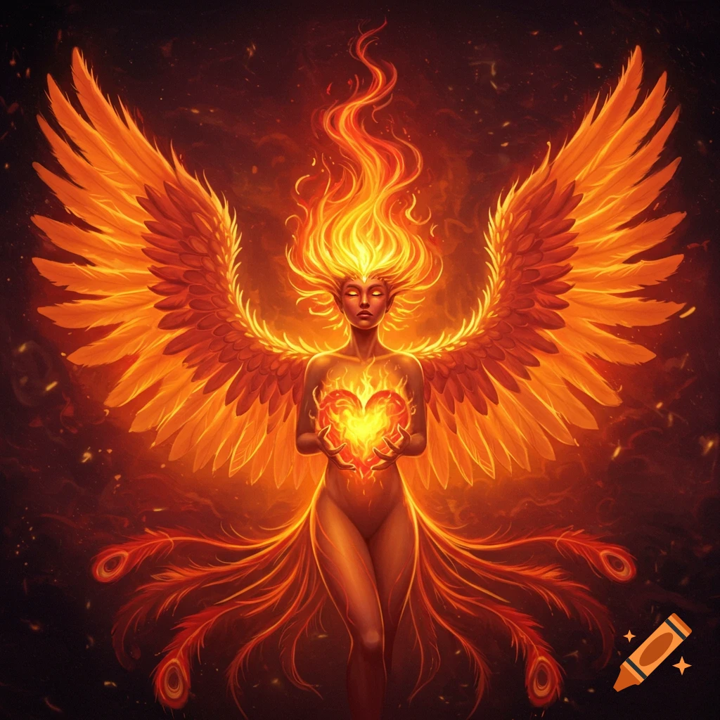 A vibrant digital painting of a fiery phoenix woman with large orange wings holding a glowing heart, surrounded by flames.