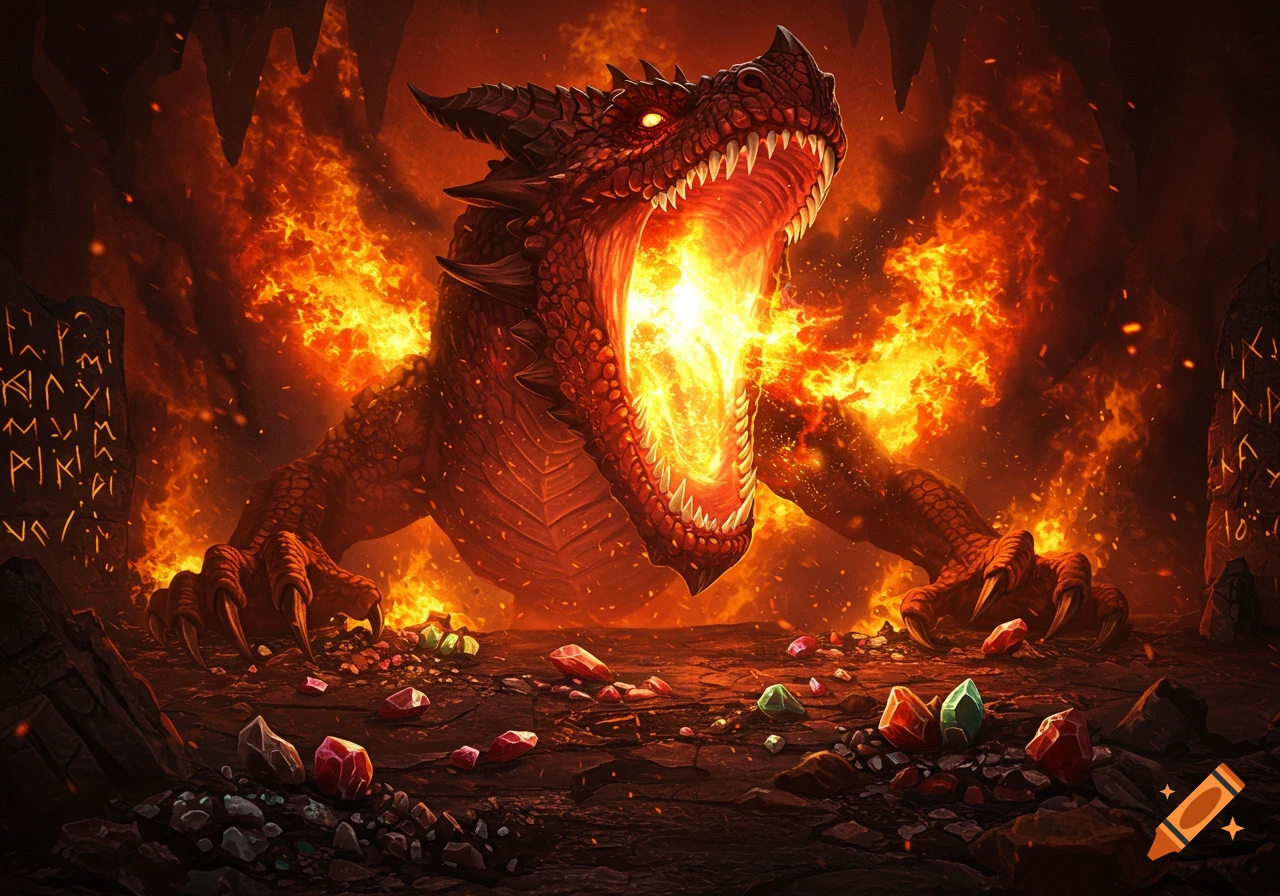 A large red dragon breathes a massive plume of fire, standing in a dark cave surrounded by sparkling gems and ancient runes.