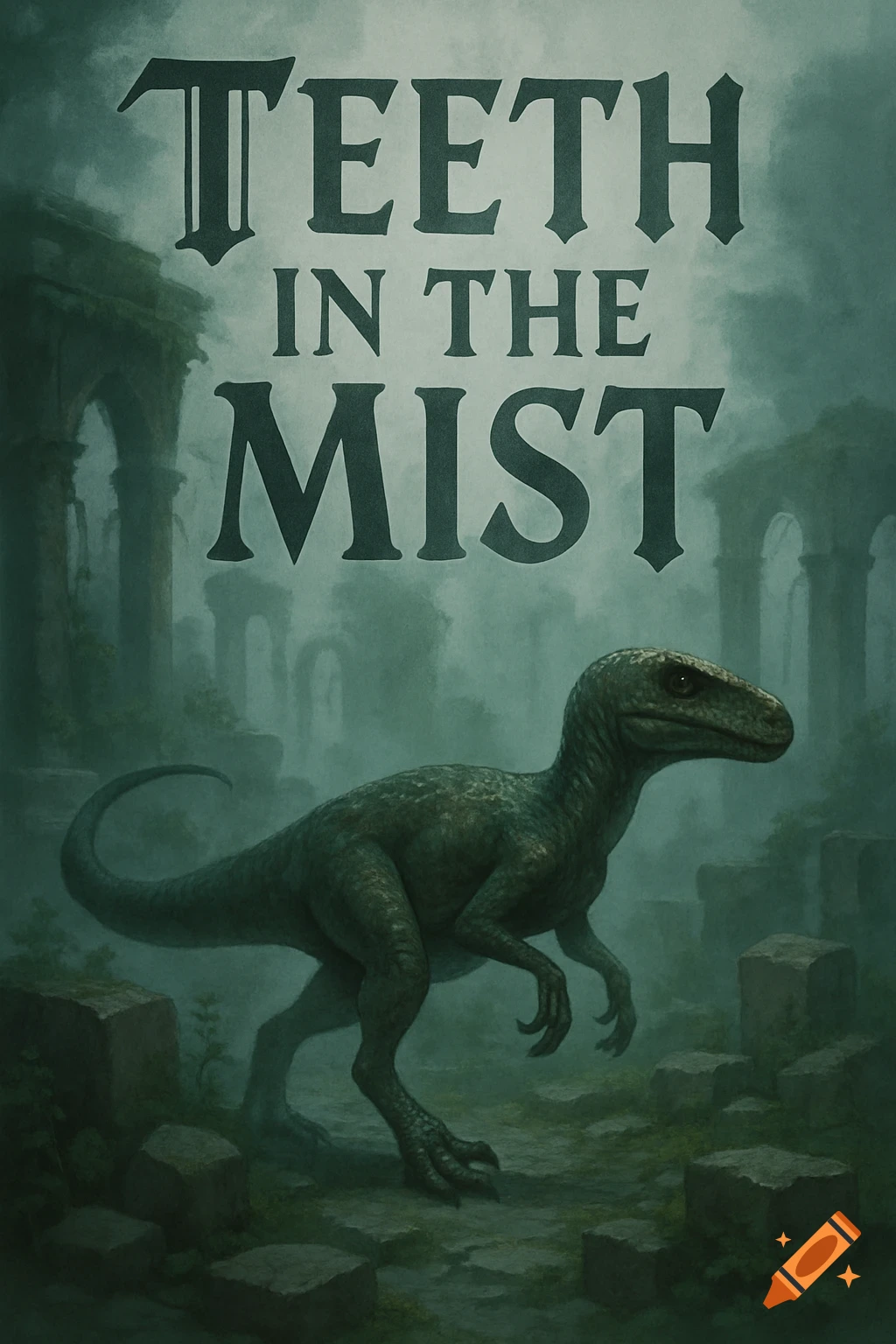 A raptor dinosaur walks among misty ruins with the title 'TEETH IN THE MIST' above, in a dark fantasy art style.