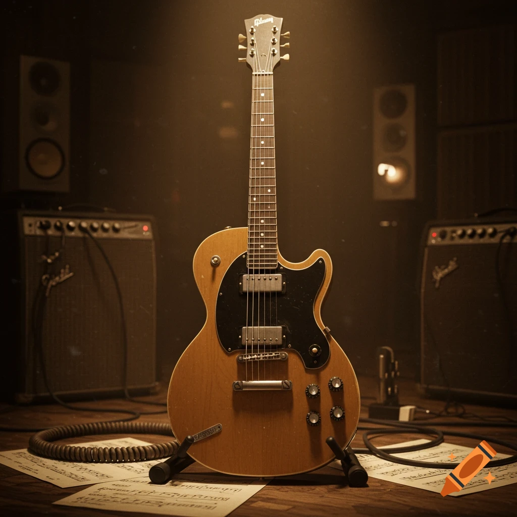 A photorealistic image of a vintage electric guitar on a stand, surrounded by two large amplifiers, cables, and sheet music in a dimly lit studio.