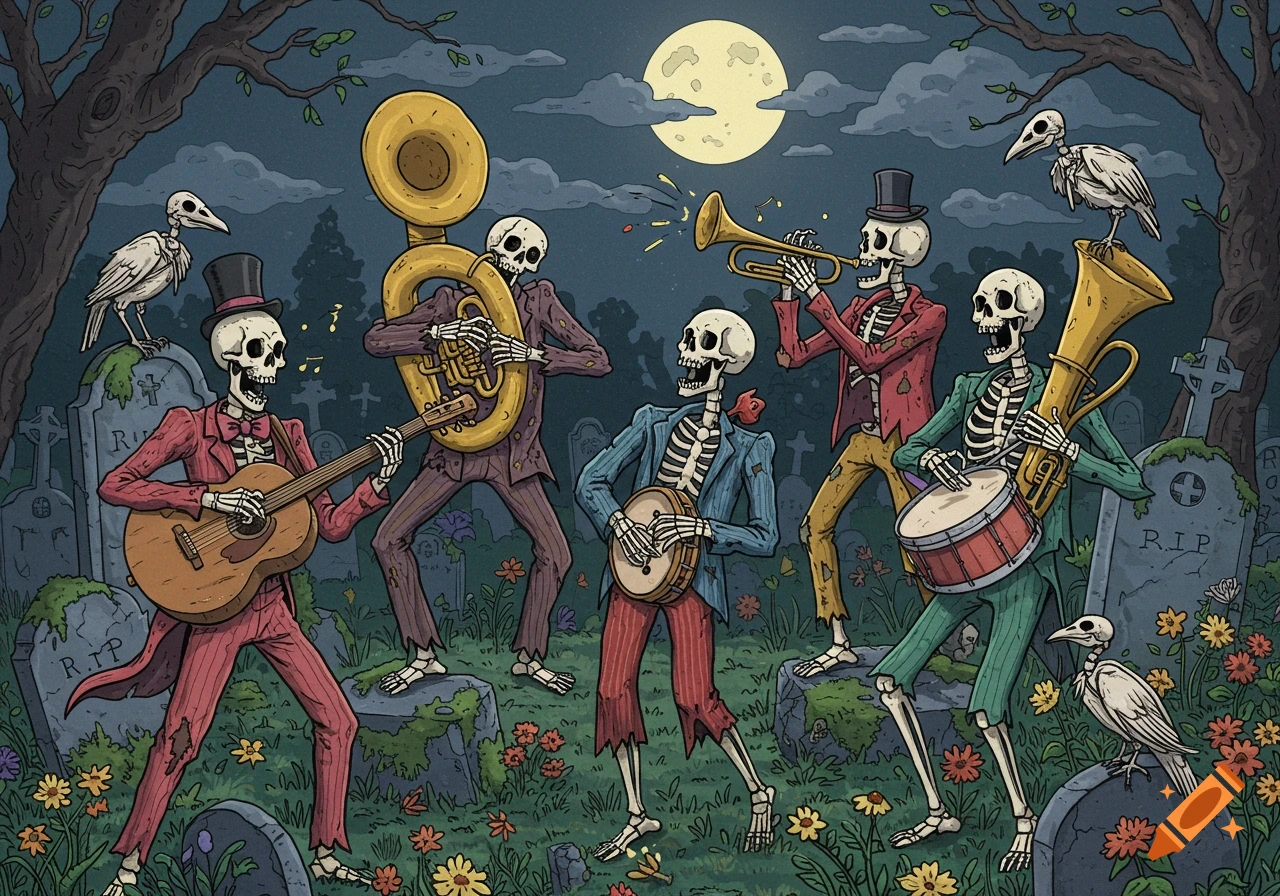 Cartoon skeletons playing musical instruments in a graveyard at night under a full moon.