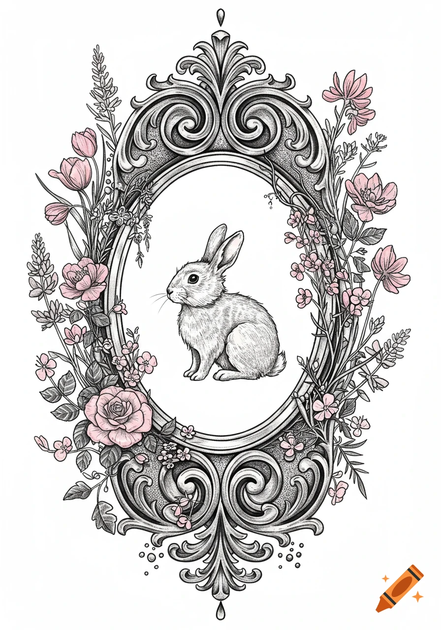 Black and grey illustration of a bunny in an ornate vintage Gothic frame surrounded by pink wildflowers.