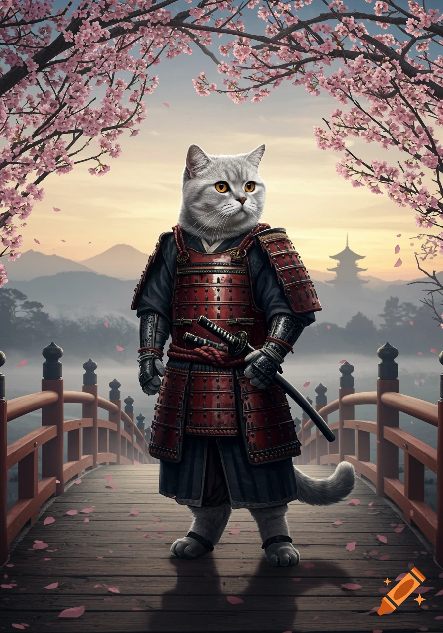 A photorealistic British Shorthair cat dressed in samurai armor, standing on a cherry blossom-strewn bridge with mountains and a pagoda in the background.