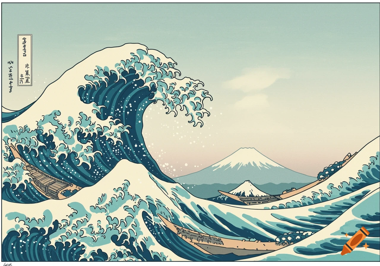 Stylized Japanese Ukiyo-e woodblock print depicting a large cresting wave, small boats, and Mount Fuji in the background under a pale sky.