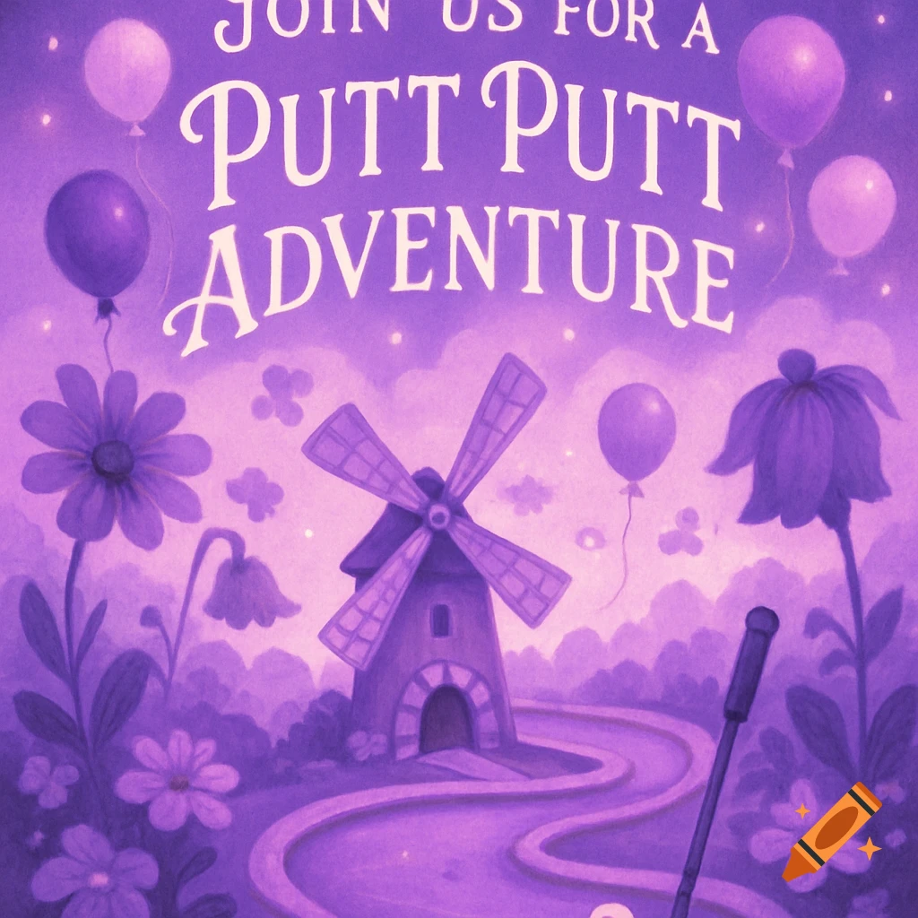 A purple illustration of a putt-putt golf course with a windmill, flowers, balloons, and the text "JOIN US FOR A PUTT PUTT ADVENTURE".
