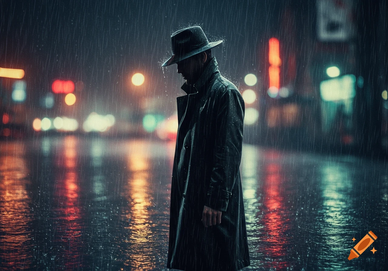 Photorealistic image of a man in a trench coat and fedora standing in heavy rain on a dark, wet city street with blurred neon lights.