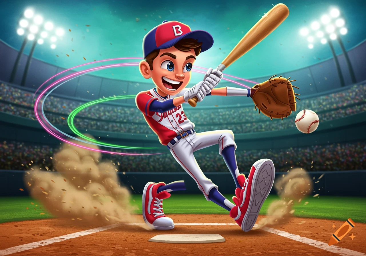 A cartoon baseball player in red and white uniform, wearing number 23, swings a bat at a baseball in a stadium.