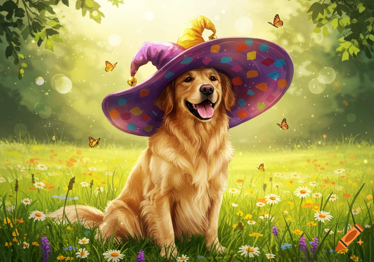 A happy golden retriever dog wearing a colorful purple wizard hat sits in a field of green grass and wildflowers with butterflies.