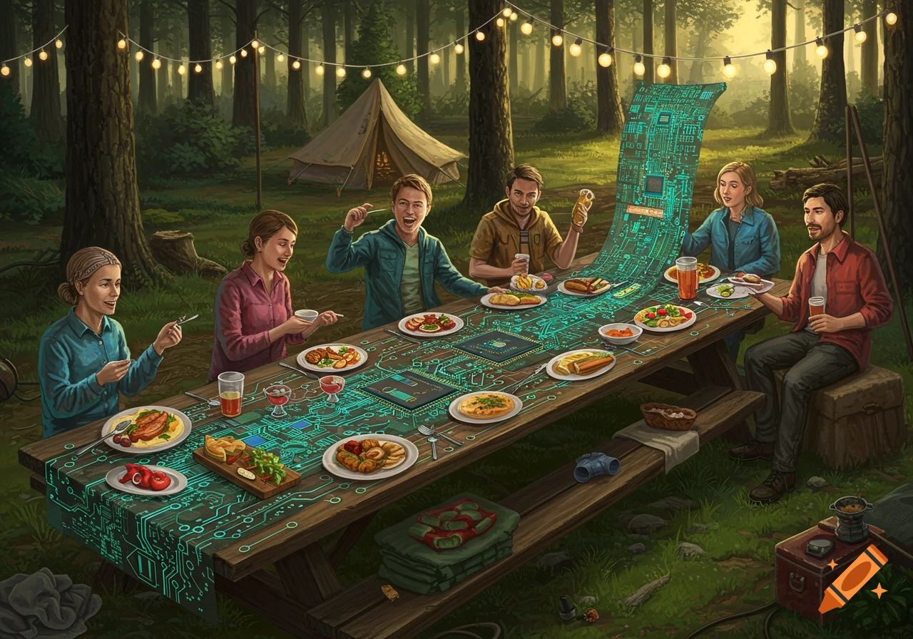 A group of people have a celebratory picnic in a forest with a circuit board patterned table and a large circuit board standing upright.