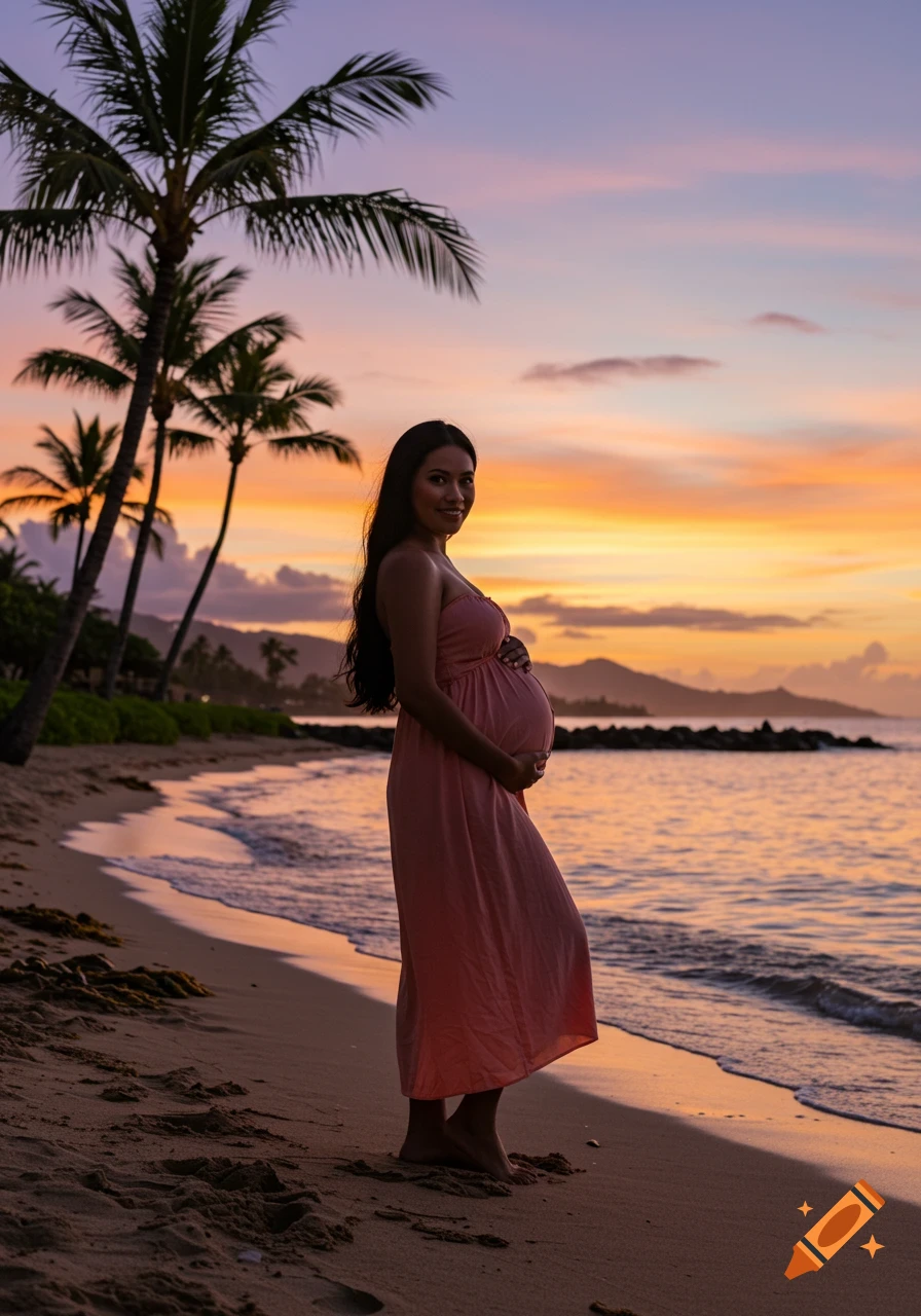 Photorealistic image of a pregnant woman in a pink dress on a beach at sunset.